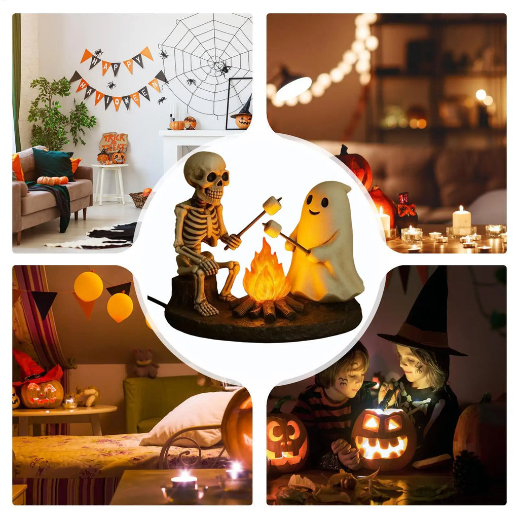 Halloween Skeleton & Ghost Bonfire Night Lamp, Flickering Campfire Nightlight, Spooky Indoor Tabletop Home Decoration Ornament
