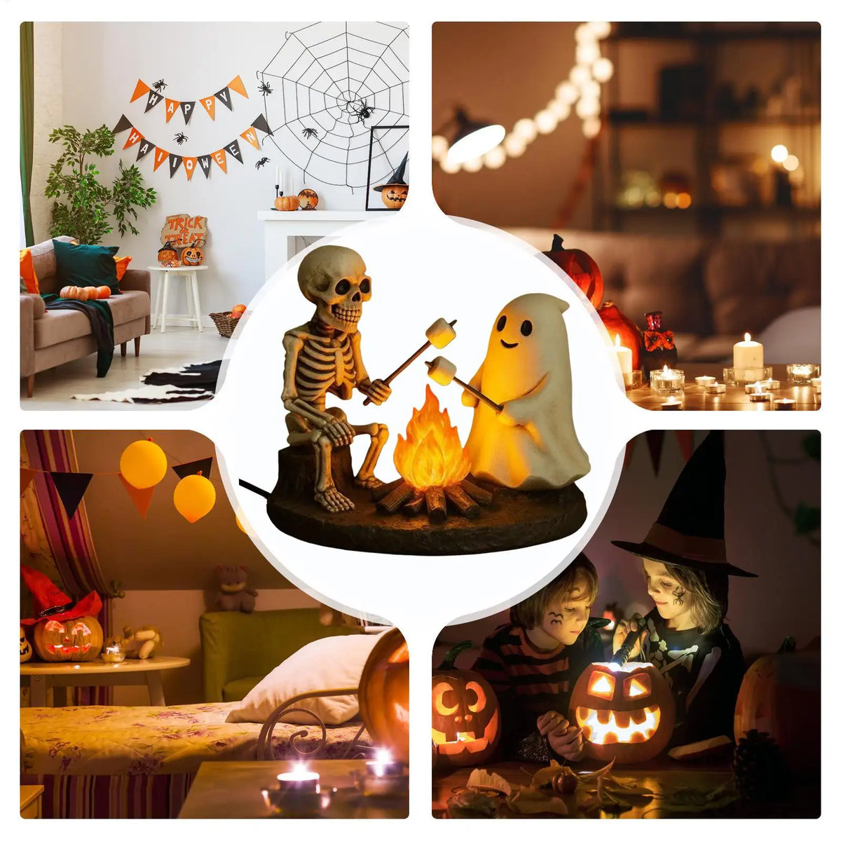 Halloween Skeleton & Ghost Bonfire Night Lamp, Flickering Campfire Nightlight, Spooky Indoor Tabletop Home Decoration Ornament