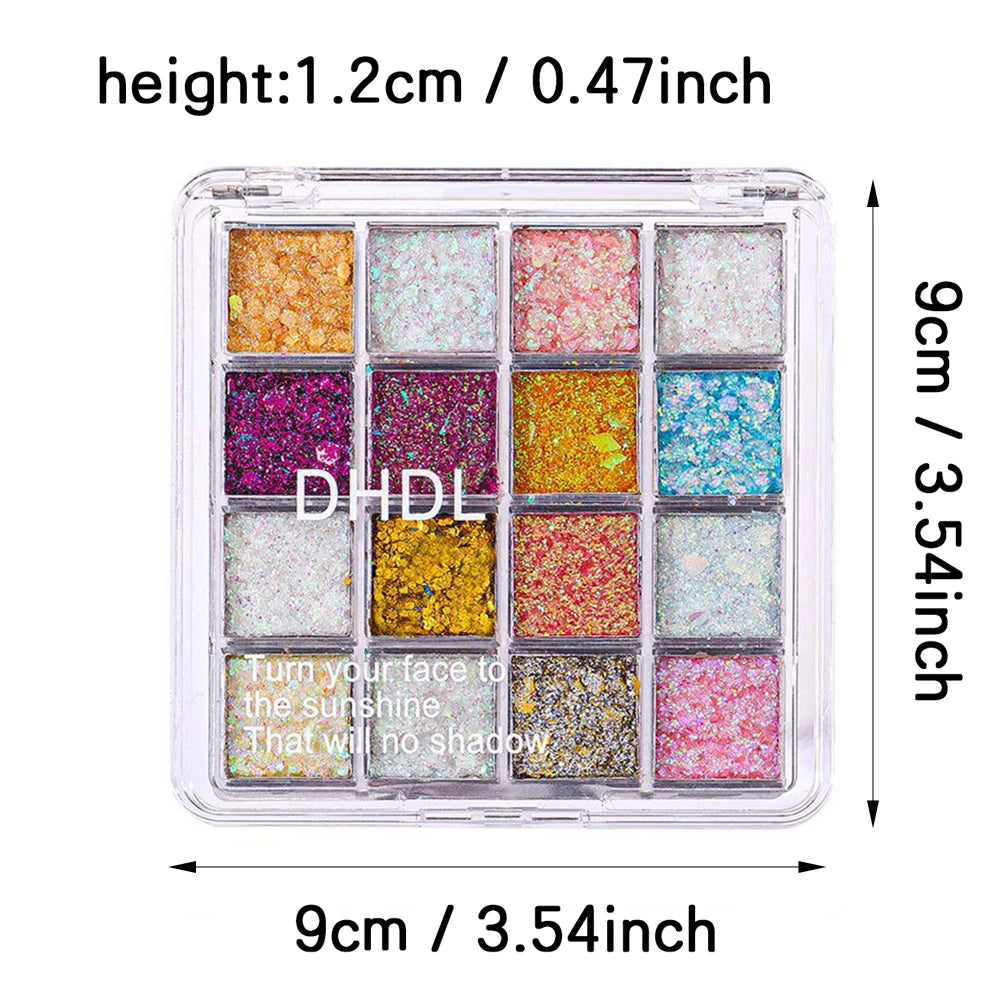 16-Color Bling Jelly Eye Shadow Palette Heart Sequin Glitter Pumpkin/Purple/Cherry/Blue/Gold Shade Stage Performance Make up
