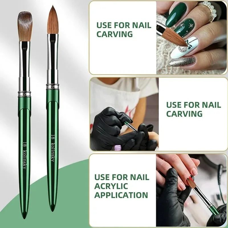 100% Kolinsky Acrylic Nail Brush 1Pcs Green Crimped Metal Handle Drawing Brush for Acrylic Powder Size 2-18