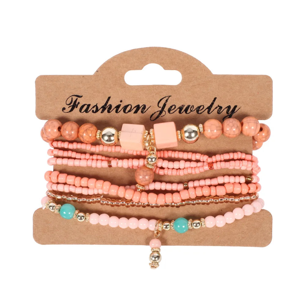 4Pcs/set Bohemia Wood Beads Chain Bracelet Set For Women Tree Of Life Charm Rose Flower Handmade Bangle Girls Boho Jewelry