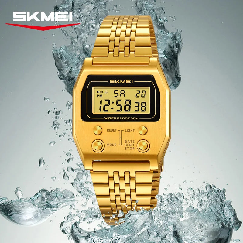 SKMEI 2460 Electronic Waterproof Digital Mens Wristwatches Stainless Steel Sport Luxury Retro LED Watch for Men Reloj Hombre