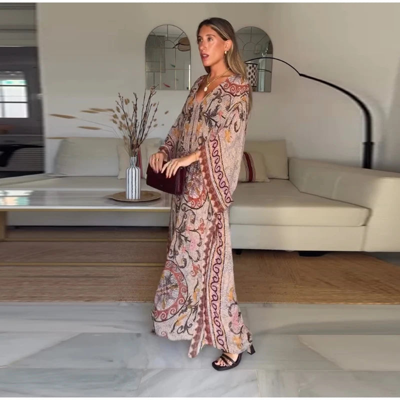 Women's V-Neck Vintage Vine Print Batwing Sleeve Maxi Dress Drawstring Waist Loose Flare Long Dress Mesh Texture Beach Vacation