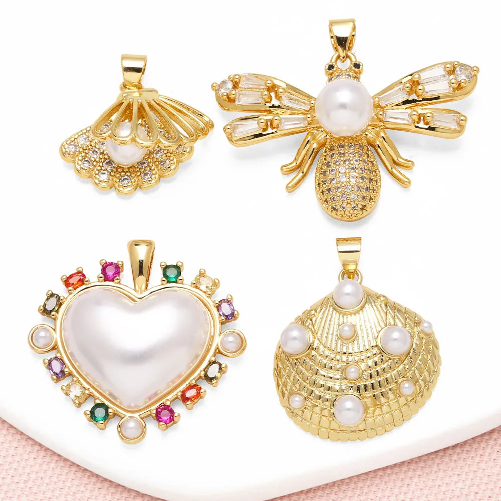 OCESRIO Multicolor Crystal Pearl Heart Pendant for Necklace Copper Gold Plated Scallop Bee Jewelry Making Component pdtb707