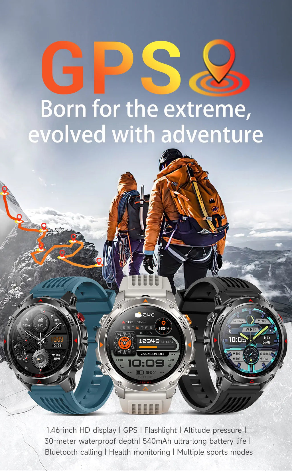 2025 New Military Bluetooth Call Smart Watch Built-in GPS Compass Barometric Altimeter 3ATM Waterproof Sports Smartwatches Men
