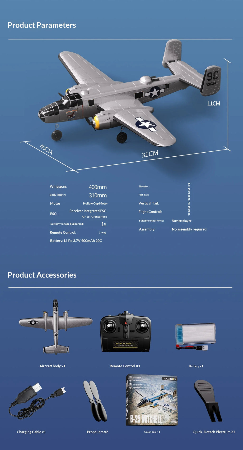 Volantex B25 Mitchell Bomber Remote Control Rc Fixed Wing 3 Channel Dual Motor Foam Airplane With Xpilot Stabilization System