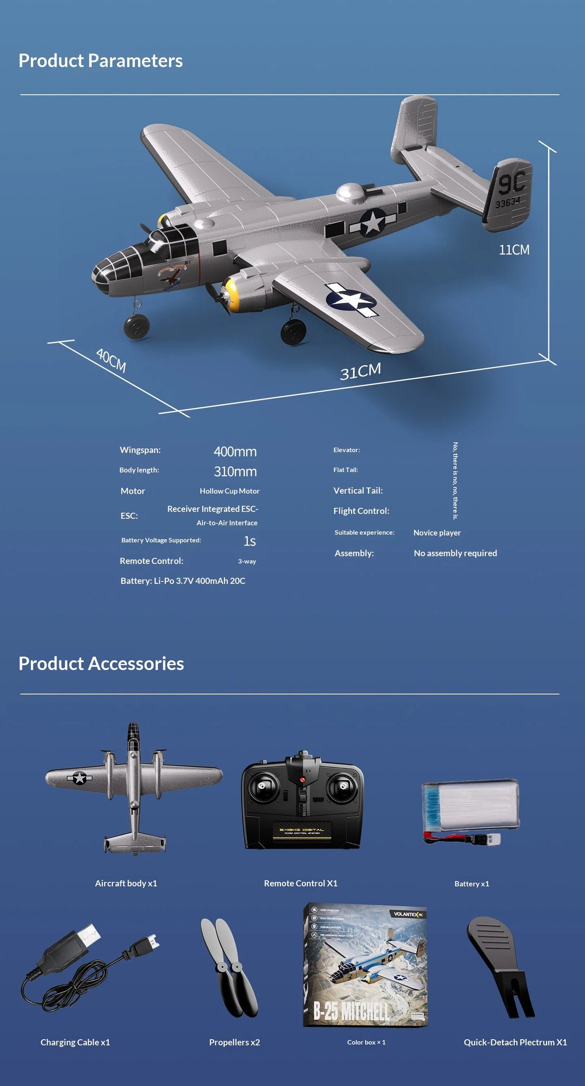 Volantex B25 Mitchell Bomber Remote Control Rc Fixed Wing 3 Channel Dual Motor Foam Airplane With Xpilot Stabilization System