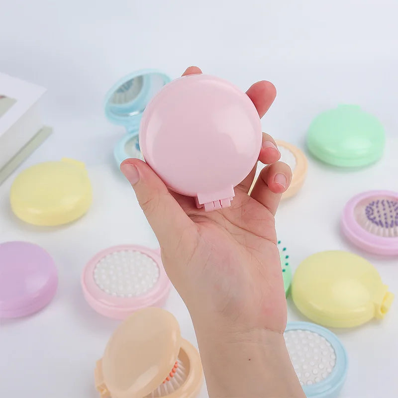 Mini Pocket Mirror Folding Comb Girl Women Portable Round Pocket Small Travel Massage Hair Brush with Mirror Styling Accessories