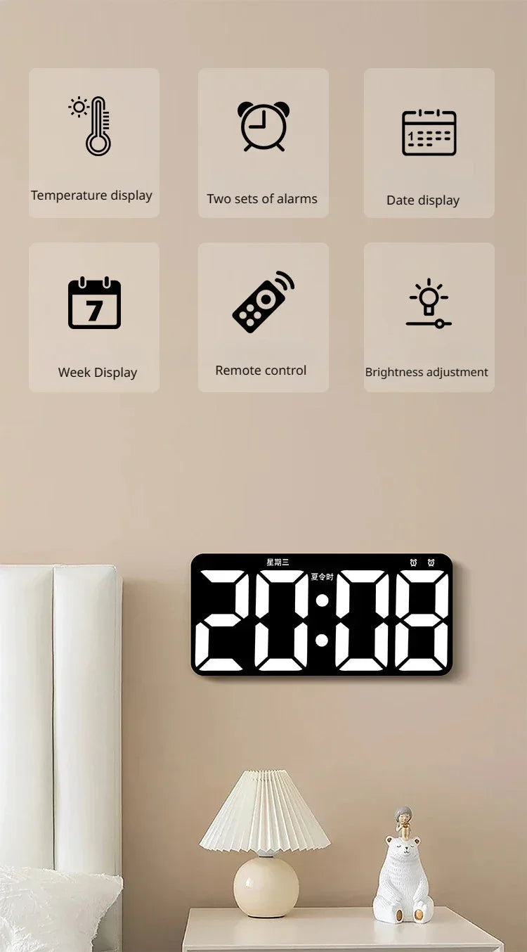 Minimalist LED Digital Wall Clock with Remote Control Adjustable Brightness Countdown Timer Modern Home Office Alarm Clock