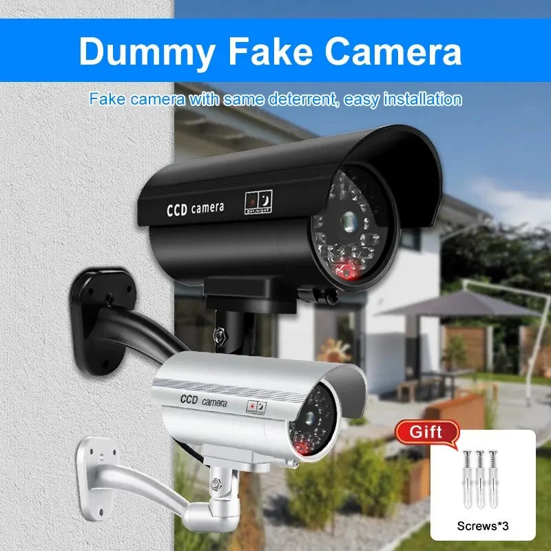 1PC Dummy Security Camera Watreproof Indoor Outdoor Fake CCTV Surveillance System, Red Flashing LED Lights, No Wiring Required
