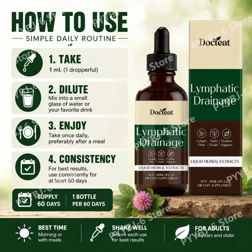 Docteat Lymphatic Drainage Liquid Herbal Extract Drops for Metabolic Needs Support with Cleavers Red Clover Stillingia 60 ML