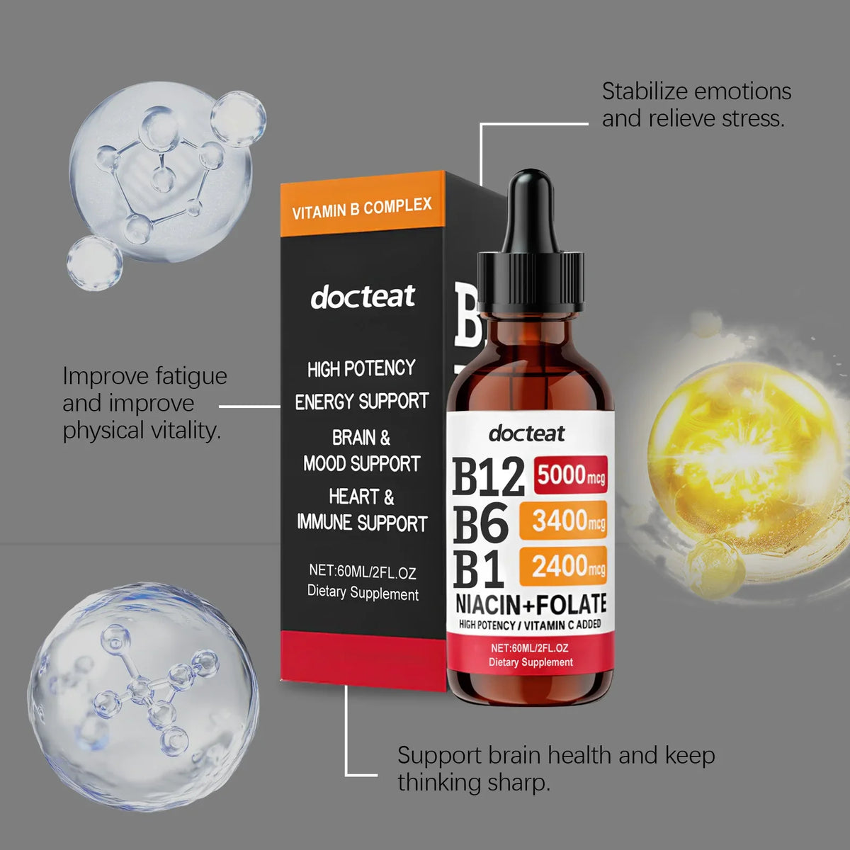 Docteat B Complex Drops 60ml High Potency B12 5000mcg Methylcobalamin Energy Brain Mood Heart Immune Support Non GMO Vegan
