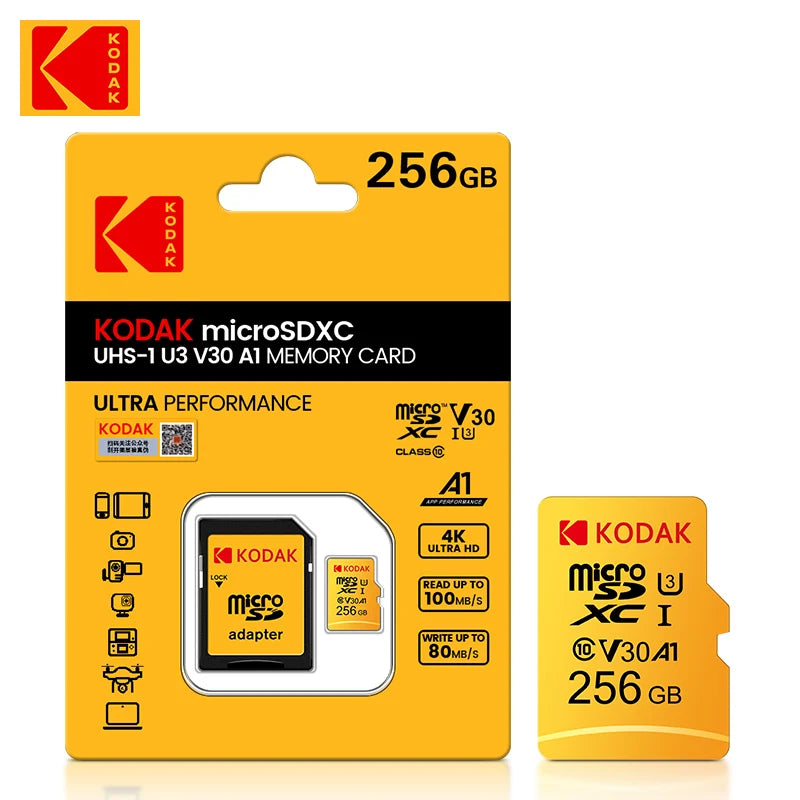 100% Original KODAK Micro SD Card 32GB 64GB 128GB 95MB/s Class10 U3 UHS-I TF Card 4K HD for USB Card Reader Adapter 256GB Micro