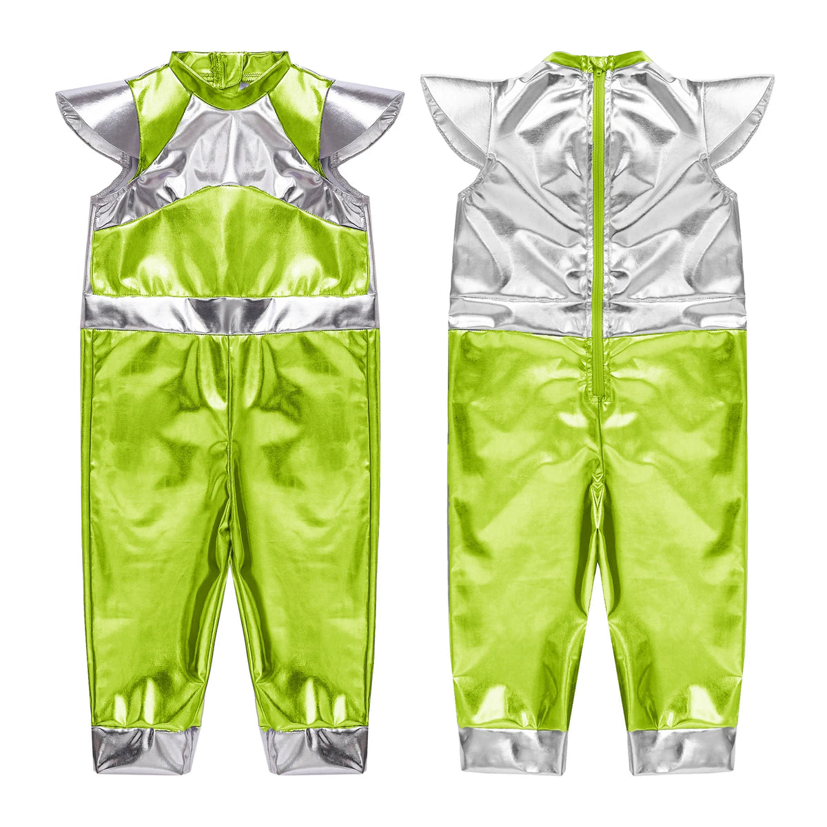 Toddler Boys Girls Shiny Alien Dress-up Costume Jumpsuit Cap Sleeve Zipper Metallic Romper for Photography Halloween Theme Party