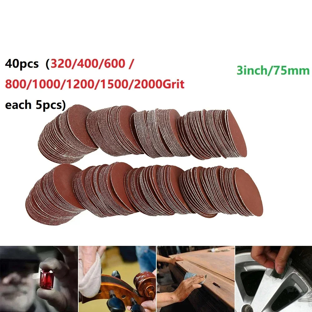 40pcs/Set 3 Inch 75mm-80mm Sanding Discs Hook Loop Sandpaper Abrasive Sand Sheets 320/400/600 /800/1000/1200/1500/2000 Grit