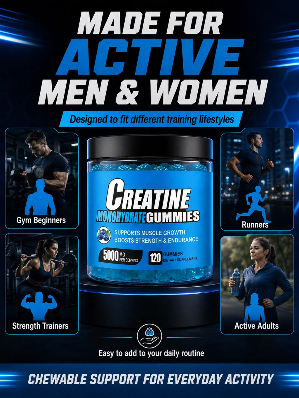 Creatine Monohydrate Gummies 5000mg Per Serving, 120 Gummies for Muscle Strength, Endurance & Energy, Dietary Supplement