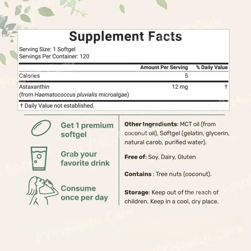 Astaxanthin Softgels 12mg with MCT Coconut Oil from Haematococcus Pluvialis Microalgae Daily Wellness Supplement 120 Count