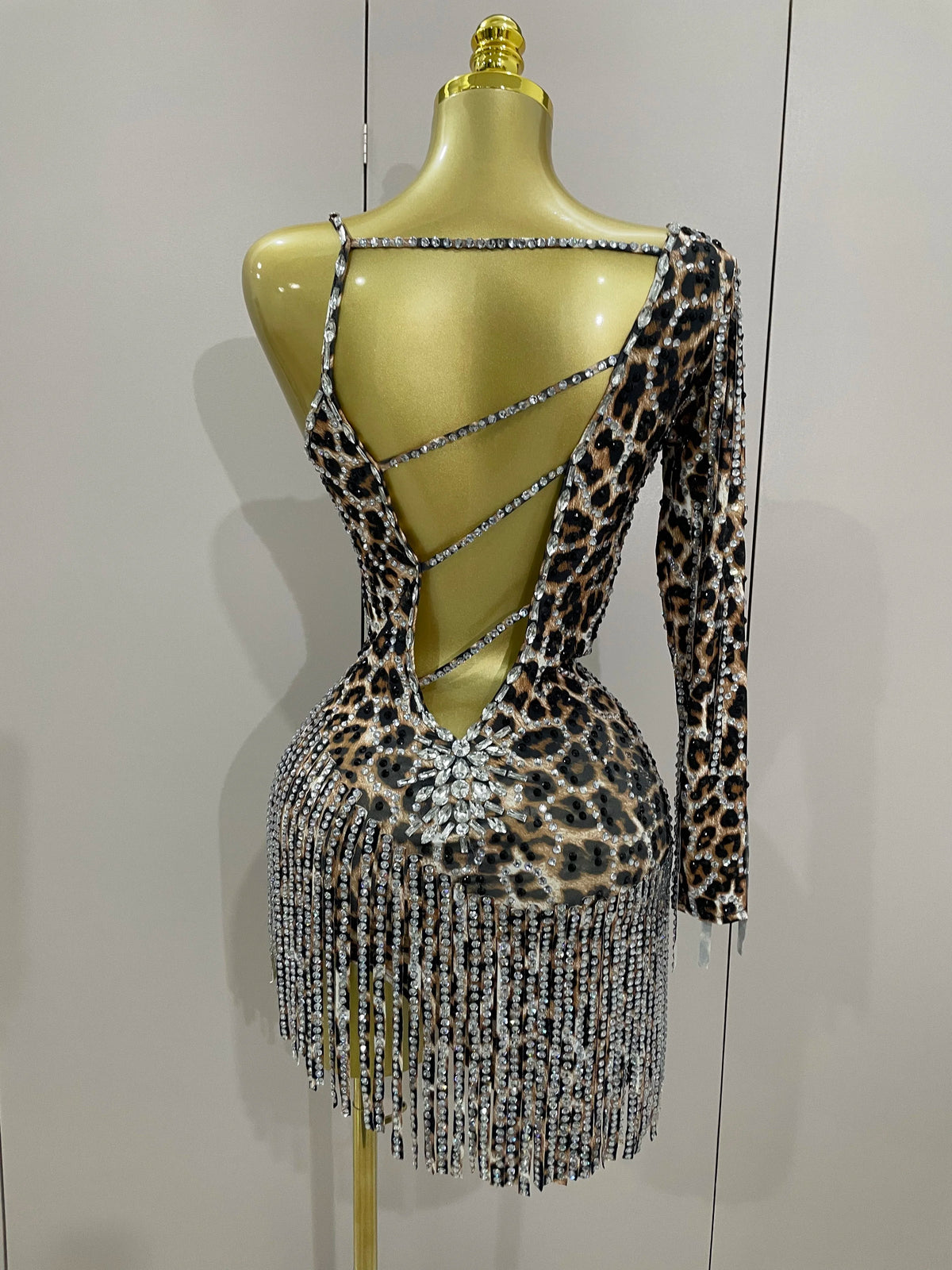 2025 New Sparkle Diamond Tassel One Shoulder Leopard Print Stretch Mini Dress Women Birthday Party Sexy Nightclub Stage Costume