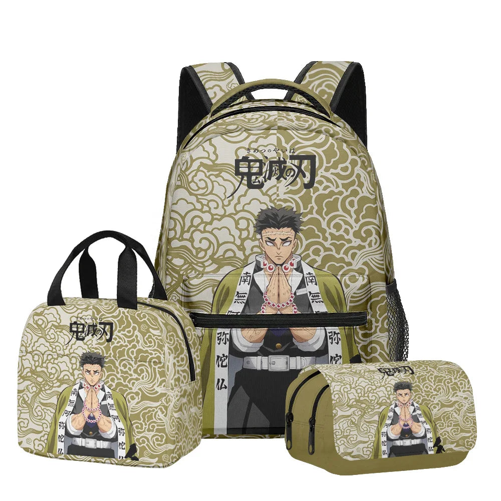 New Anime Peripheral Demon Slayer 3D School Backpack Lunch Bag Pencil Case 3-Piece Set Printed Holiday Gift for Students Gift