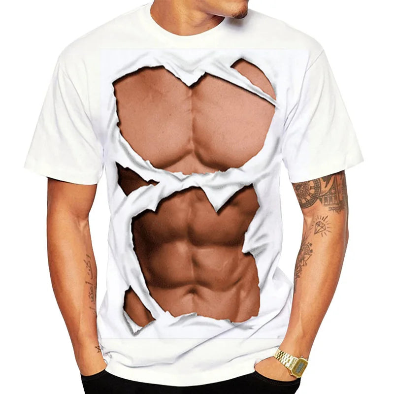 Men's 6-pack Abdominal Muscle T-shirt 3D Printed Short Sleeved Fitness Running Sports Casual Loose Short Sleeved Comfortable Shi