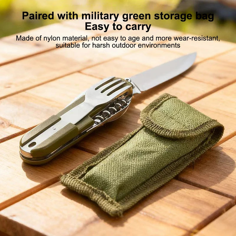 Stainless Steel 7 In 1 Camping Cutlery Set - Foldable Multifunctional Outdoor Tableware With Fork Spoon Knife For Picnic Hiking