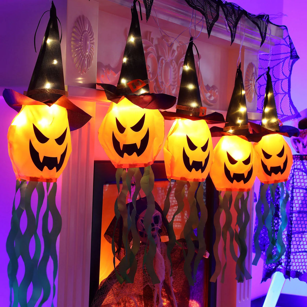 Halloween Hanging Ghost Decorations Outdoor, Glowing Ghost with Witch Hat String Lights for Yard Patio Garden Tree Decoration