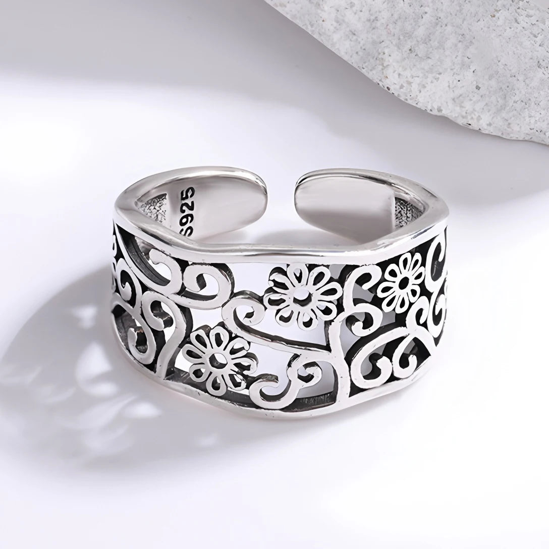 925 Sterling Silver Flower Geometry Ring For Women Girl Hollow Out Zircon Grace Wide Jewelry Gift Dropshipping