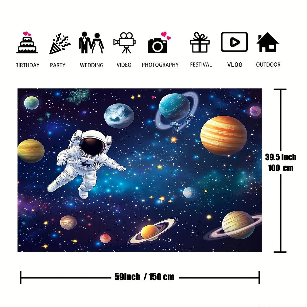 One galaxy space-themed polyester background fabric, designed for outer space and rocket astronauts, for a birthday party