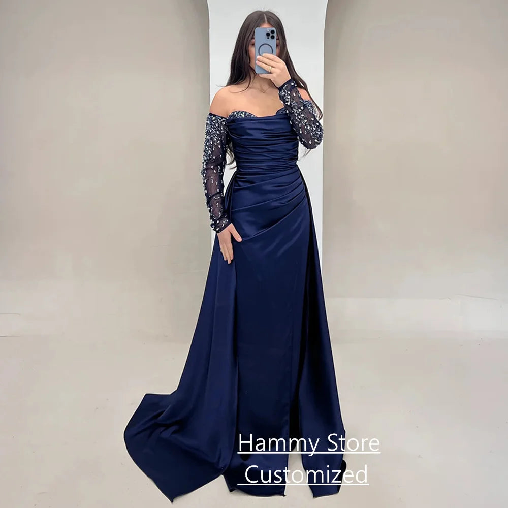 Navy Mermaid Prom Dress with Train Customized Sweetheart Full Sleeves Pleat Beading Sequined Evening Gown Party Dresses