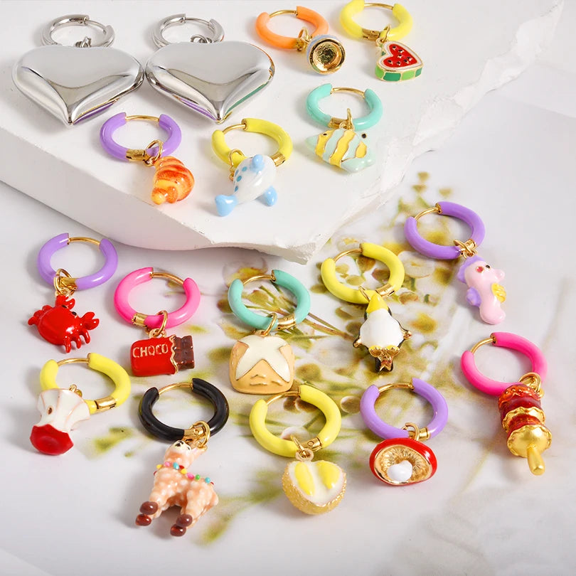 1Pair Dopamine Enamel Sweet Heart  Cute Bee Flower Y2K Girl Aesthetic Aretes Funny Food Cake Gothic Star Hoop Earrings Jewelry