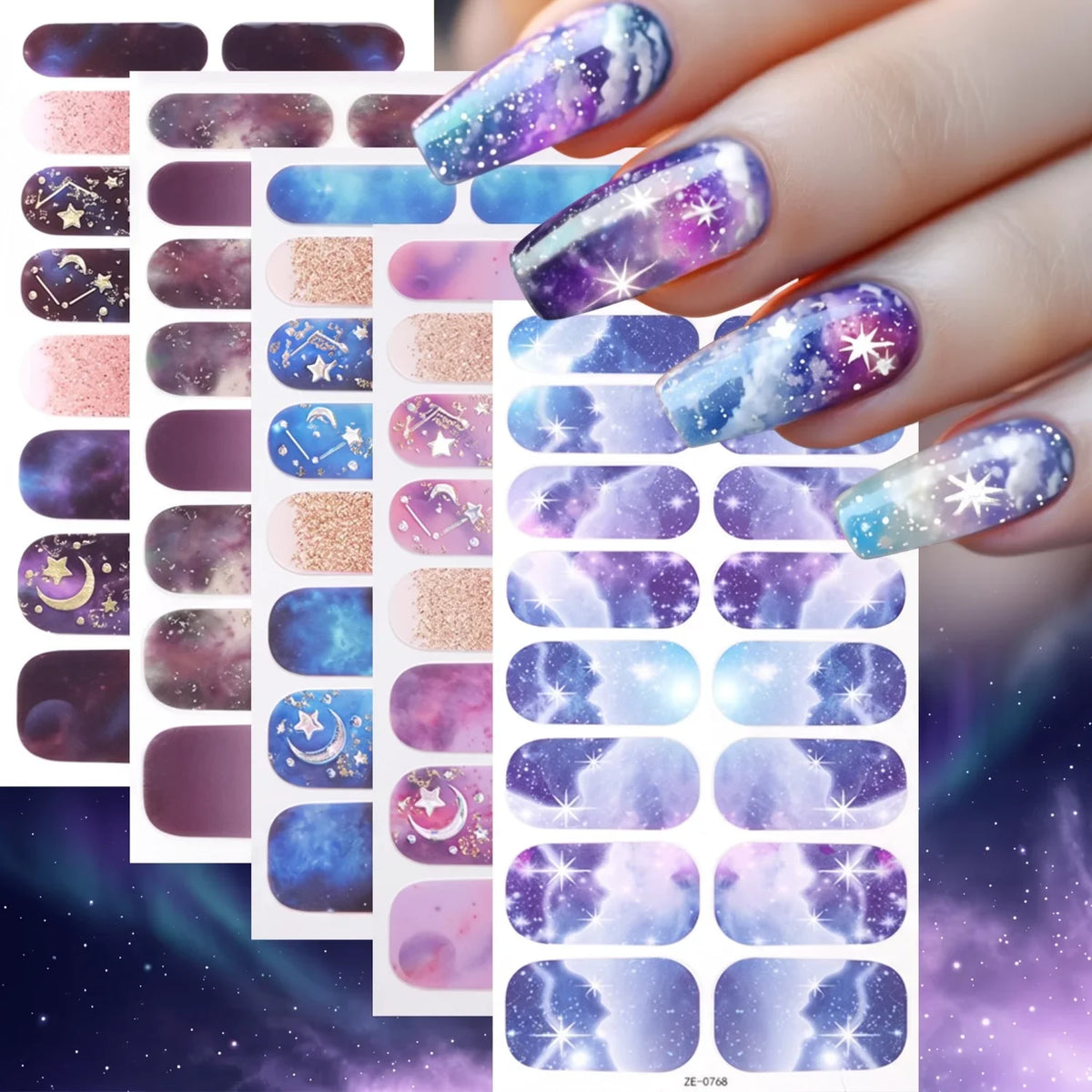 Gradient Galaxy Series Press-on Nails | 16-Piece Set of Removable Self-Adhesive Fake Nail Stickers | Valentine's Day Gift Idea