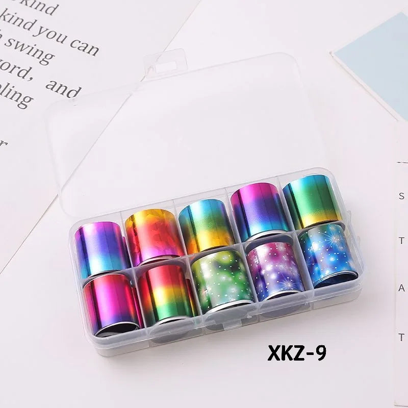 10 Rolls/ Box Charm Nail Foils Polish Stickers Metal Color Starry Paper Transfer Foil Wraps Adhesive Decals Nail Art Decorations