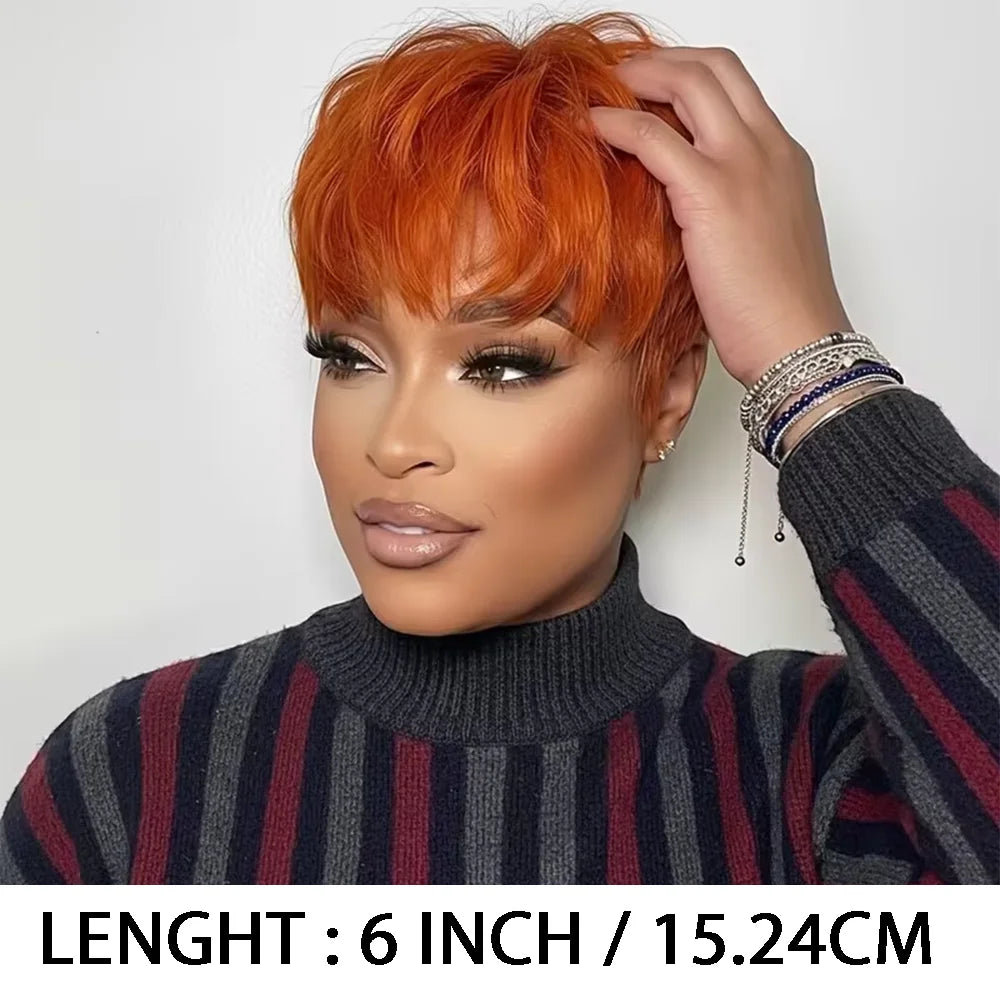 Orange #350 Short Straight Pixie Cut Wigs Human Hair 100% Natural Realistic Full Machine Made With Bangs For Women