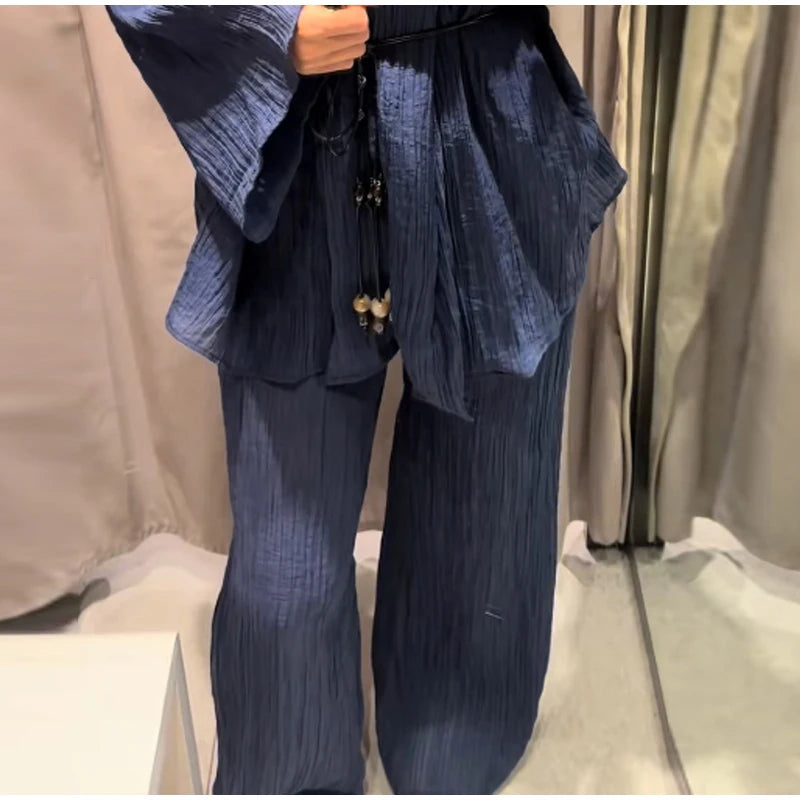 Tie Front Textured Women's Set V-Neck Loose Set Wide Sleeve Drawstring Pants Casual Lounge Solid Color 2 Piece Outfits For Daily