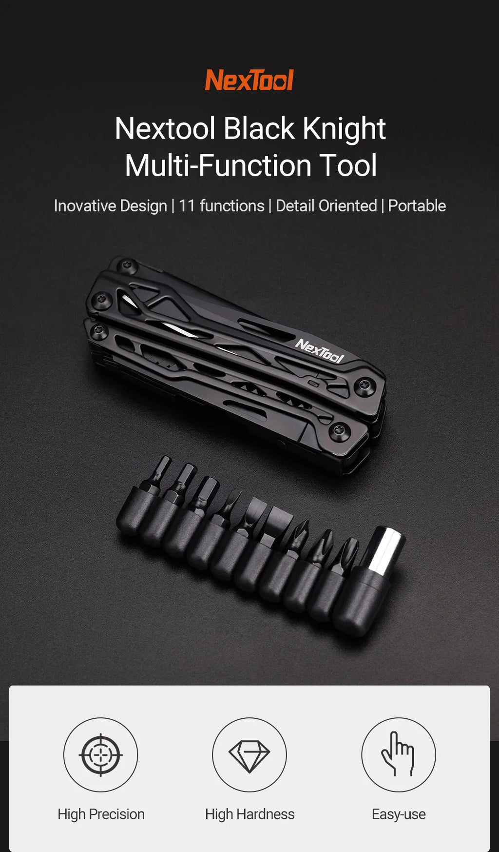 NexTool 11-In-1 Black Knight Multi-function Camping Tools Knife Outdoor Survival Folding Pliers Scissors Hand Multitool Tool Kit