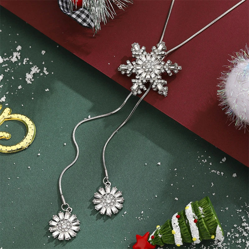 Sparkling Rhinestone Rotatable Snowflake Long Tassel Necklace For Women Crystal Zircon Pearl Cross Choker Christmas Jewelry