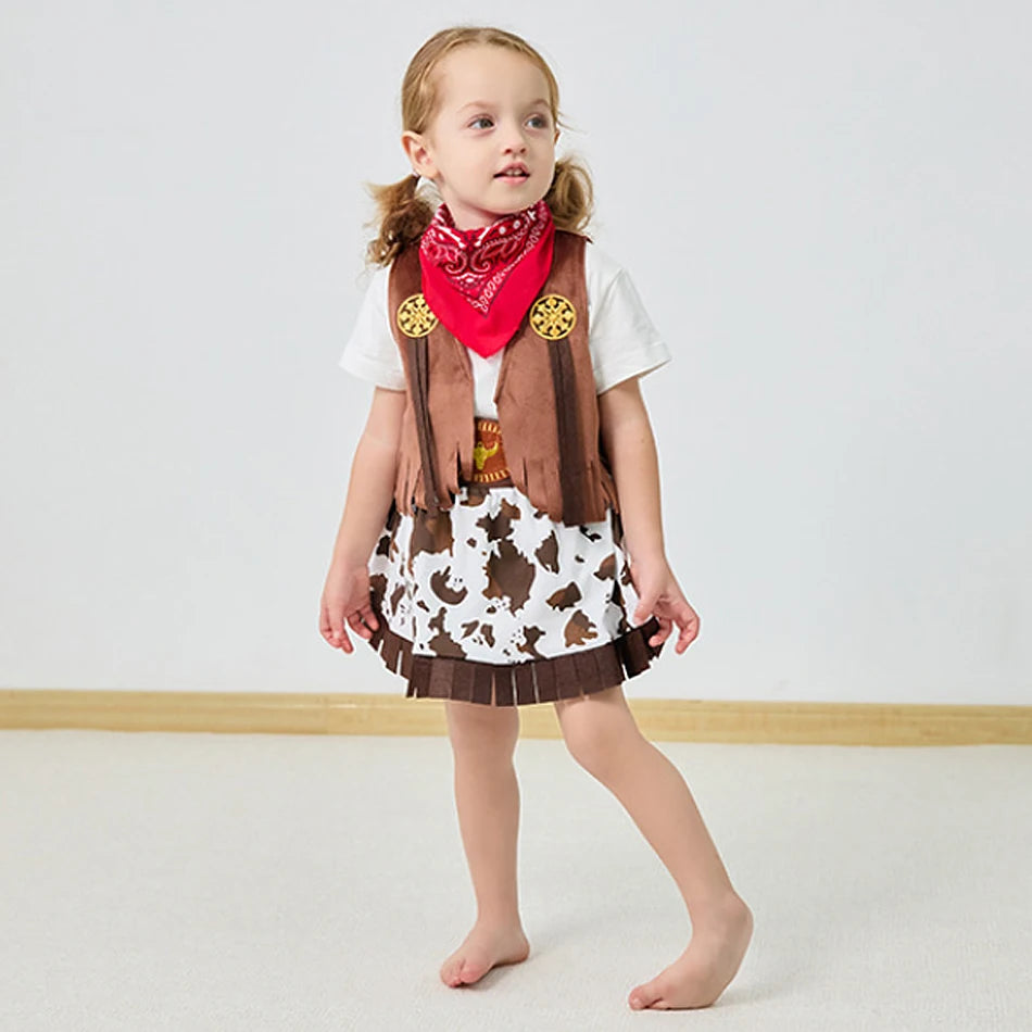 Kids Cowgirl Cosplay Vest Skirt Hat Set Girl Festival Performance Outfit Child Carnival Xmas Halloween Party Masquerade Clothing