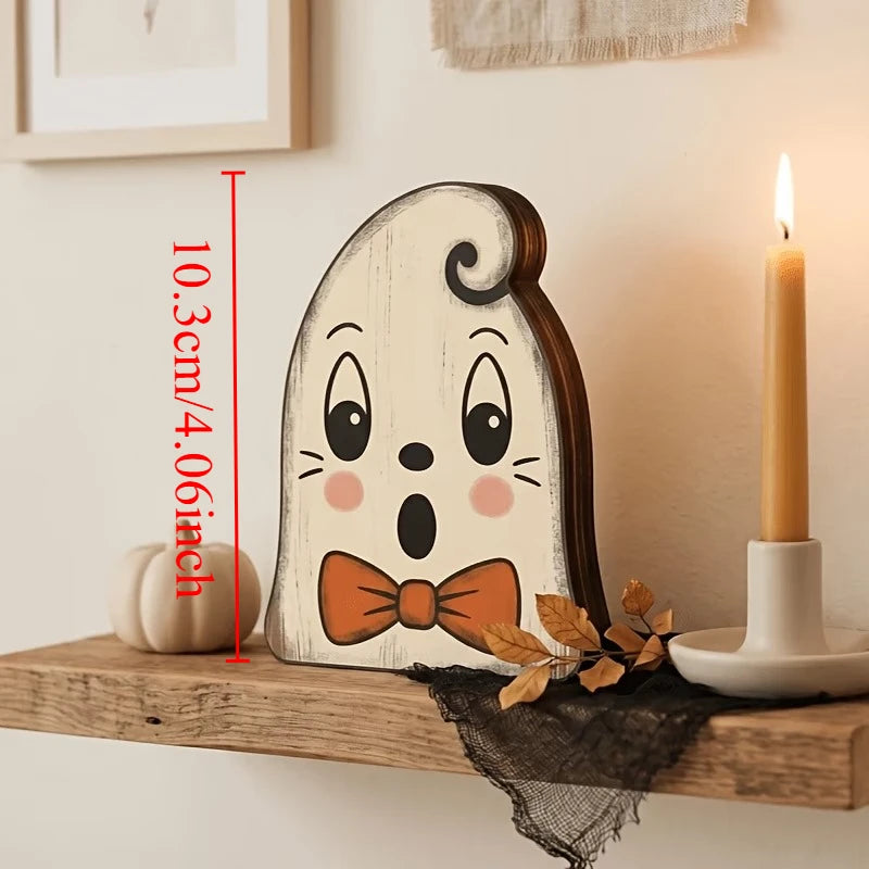 1/6pc Halloween Decor Indoor Retro Wooden Block for Shelf Decoration,Cute Ghost,Pumpkin,Black,Cat,Skeleton,Owl,Housewarming Gift