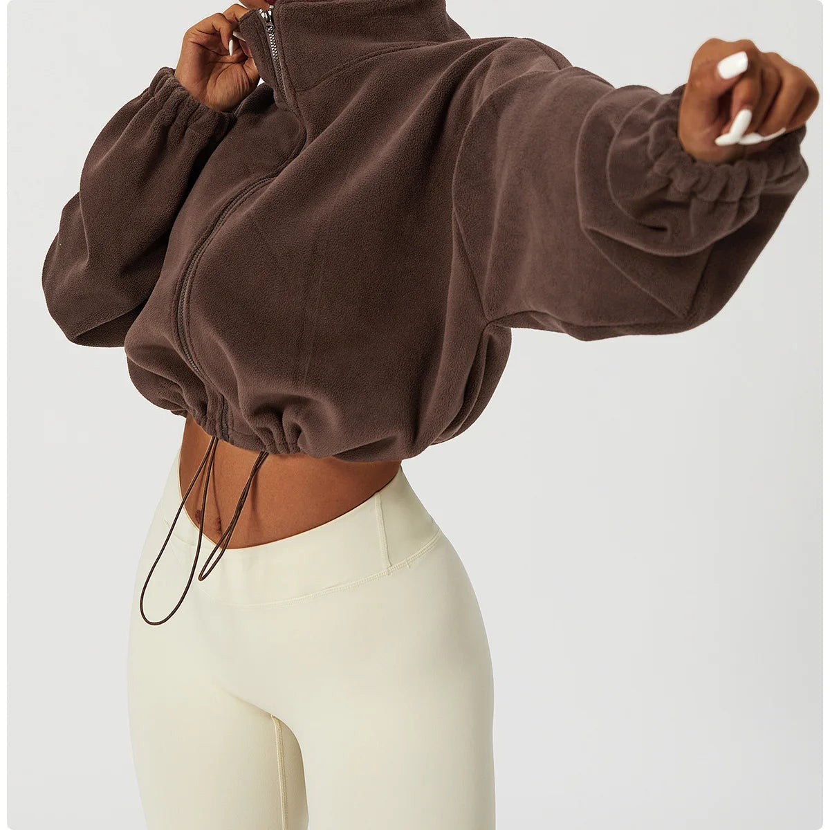Women's Polar Fleece Zip Hoodie Athletic Loose Fit Crop Top w/ Stand Collar, Thumb Holes & Drawstring Hem for Fall Winter