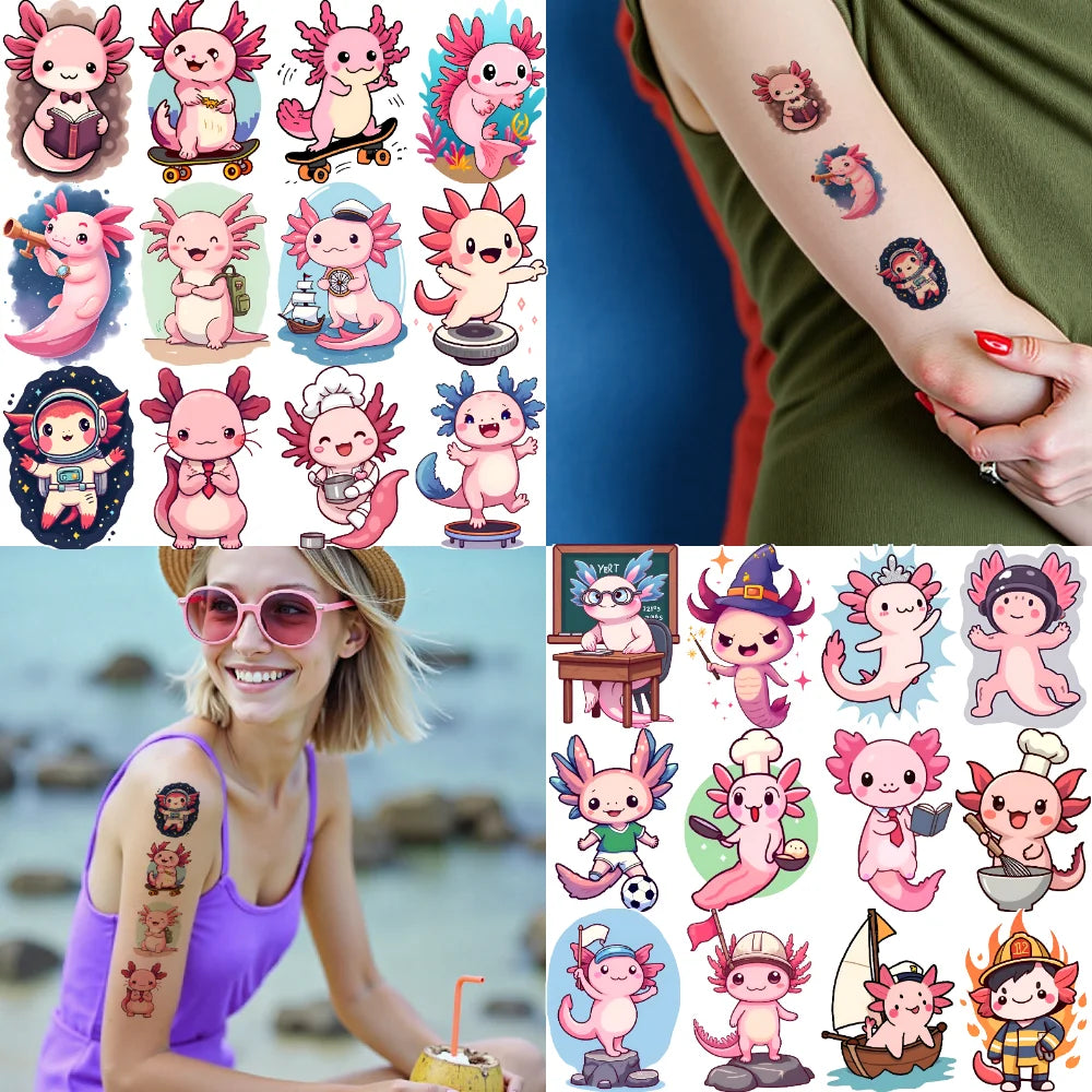 54pcs Temporary Tattoo Cartoon Axolotl Waterproof Long-lasting Body Stickers Cute Axolotl Cartoon For Arms