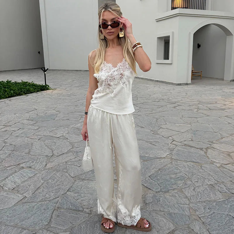 Women's Satin Lace Short Set - Spaghetti Strap V-Neck Top & Drawstring Waist Lace Trim Shorts - Elegant Casual Solid Two-Piece Set
