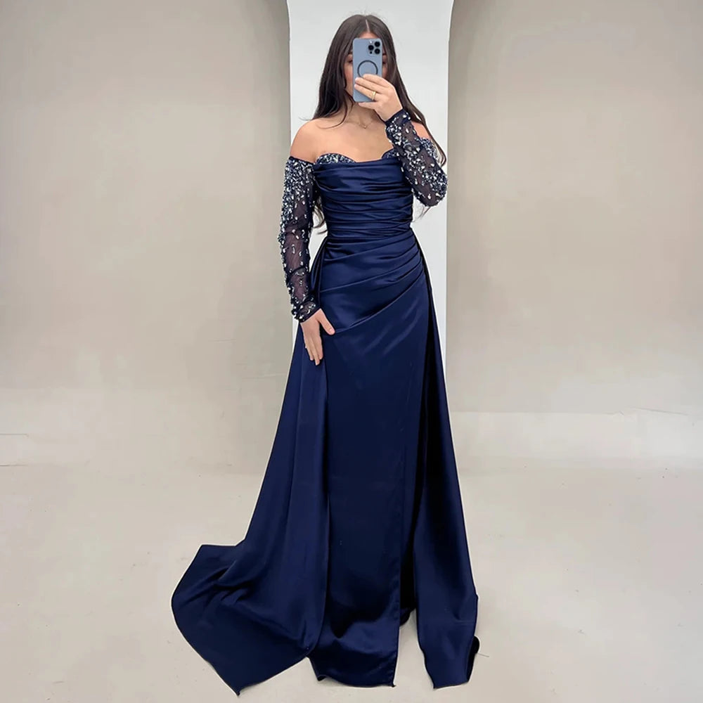 Navy Mermaid Prom Dress with Train Customized Sweetheart Full Sleeves Pleat Beading Sequined Evening Gown Party Dresses