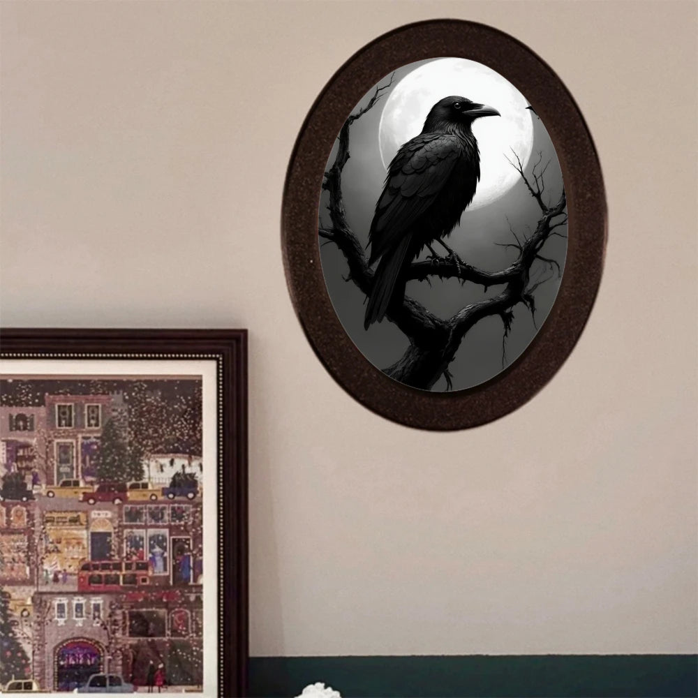 1 Piece of Halloween Mysterious Gothic-style Oval Decoration, Designed with Crow Illustration, Suitable for Home Wall Display, A