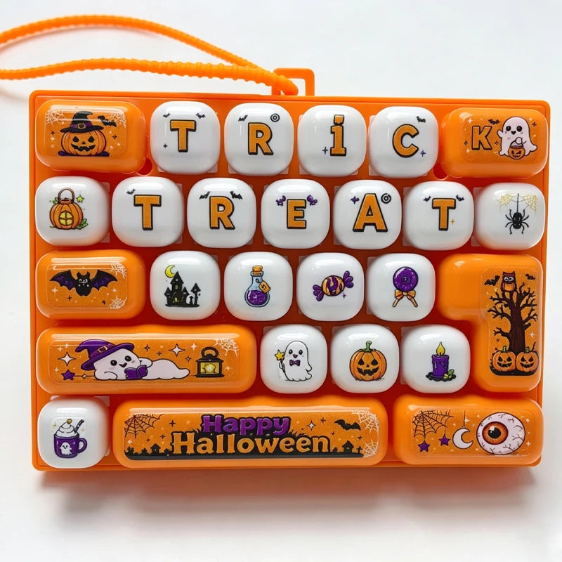 Halloween Keyboard Clicker Keychain 26 Keys Cute Cartoon Stress Relief with Click Sound Backpack Pendant Party Favor for Adults