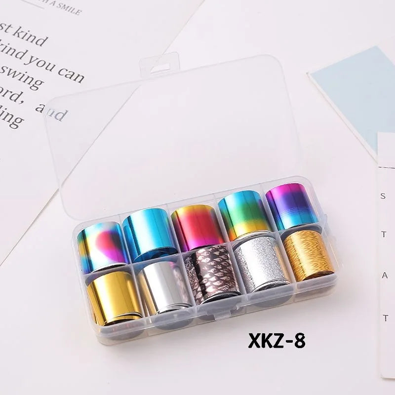 10 Rolls/ Box Charm Nail Foils Polish Stickers Metal Color Starry Paper Transfer Foil Wraps Adhesive Decals Nail Art Decorations