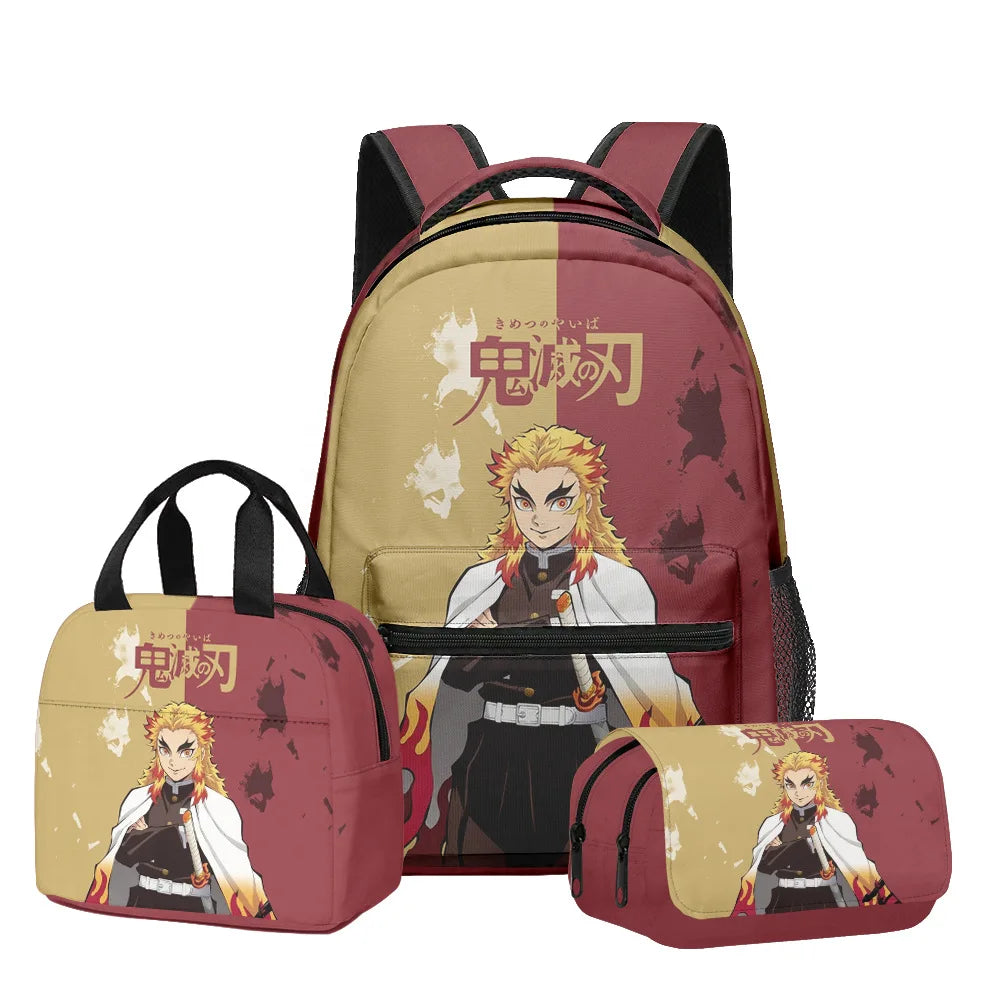 New Anime Peripheral Demon Slayer 3D School Backpack Lunch Bag Pencil Case 3-Piece Set Printed Holiday Gift for Students Gift