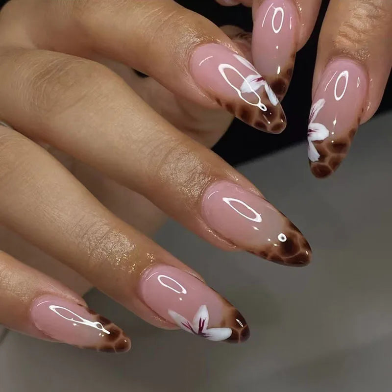 French Tip Orchid Press On Nails, Leopard Removable Fake Nails, 24 Pcs Simple False Nails Set for Women