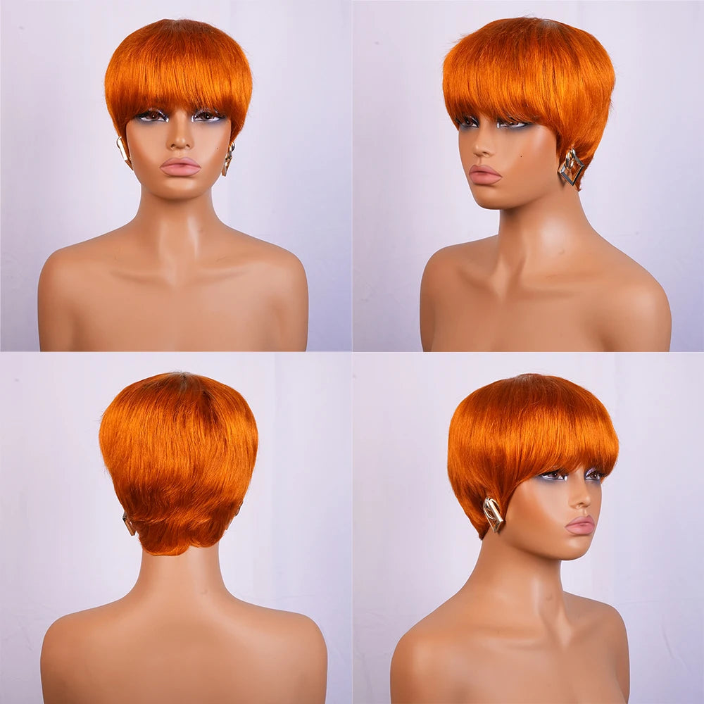 Orange #350 Short Straight Pixie Cut Wigs Human Hair 100% Natural Realistic Full Machine Made With Bangs For Women