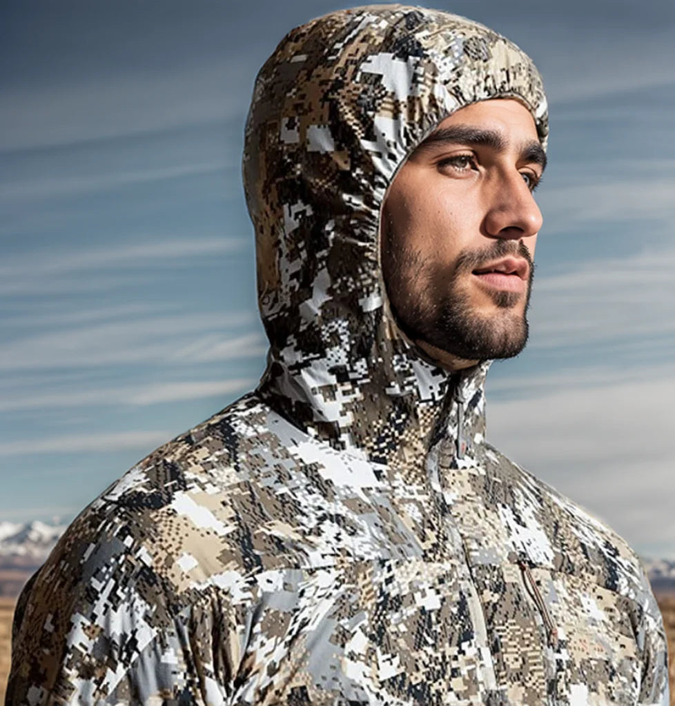Men's Stretch Camouflage Jacket, Hunting Pullover, Light Nylon Fabric Printed Plush Lining Hoodie