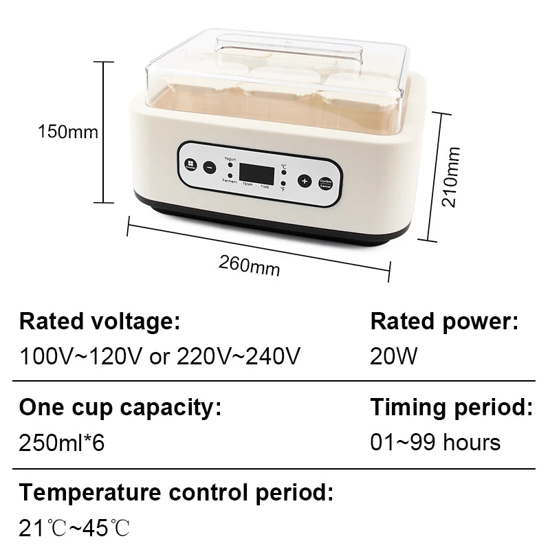 Electric Yogurt Maker 6 Glass Cups Automatic Natto Rice Wine Fermenting Machine Fermenter Sour Milk Pot Temperature Adjustment